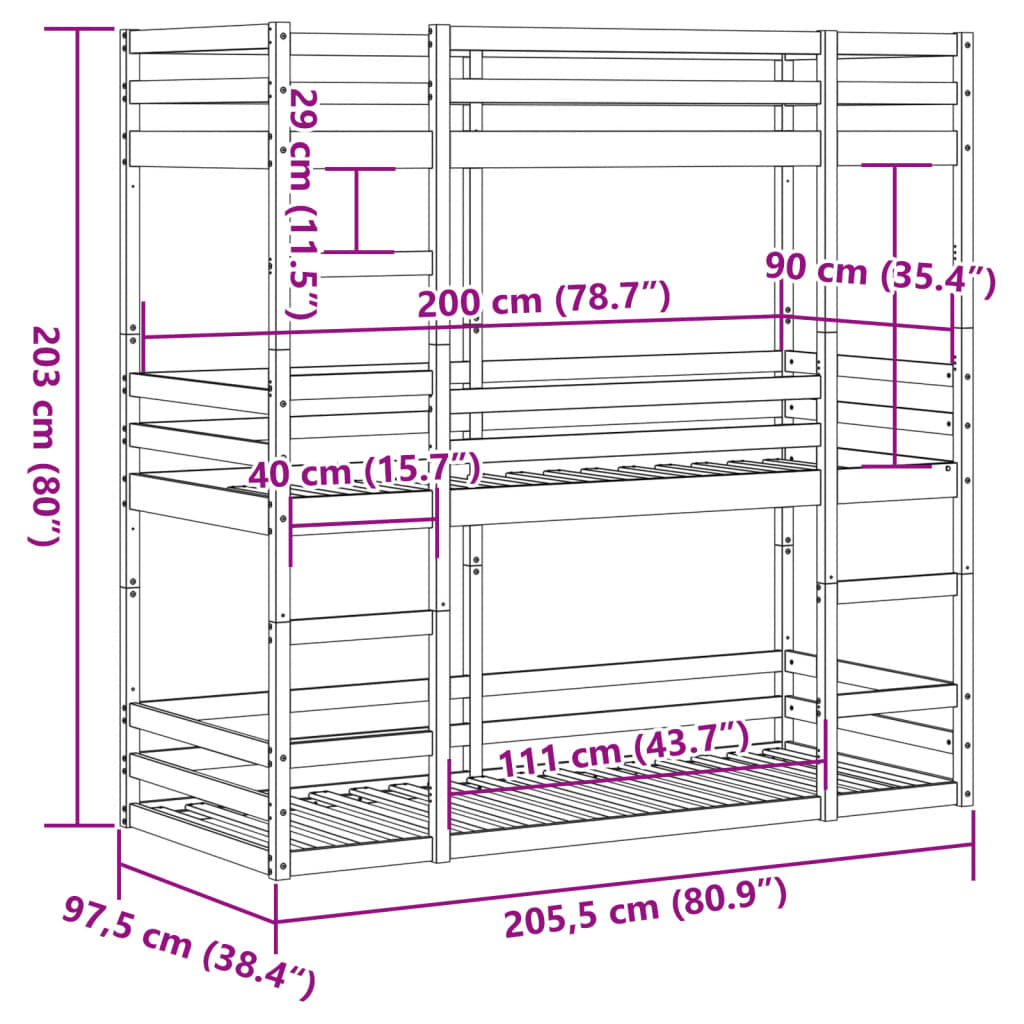 vidaXL Letto Castello Triplo Marrone Cera 90x200cm Legno Massello Pino