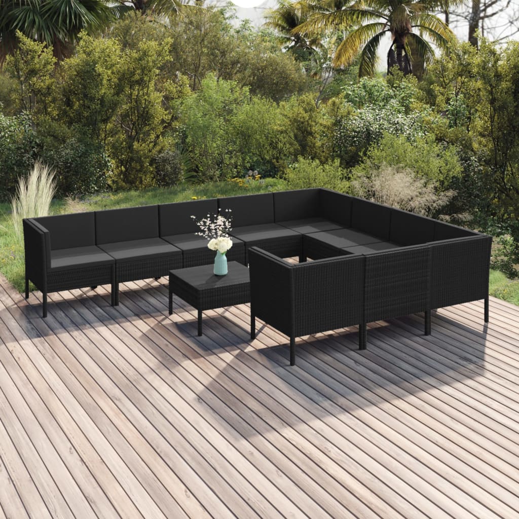 vidaXL Set Divani da Giardino 11 pz con Cuscini in Polyrattan Nero