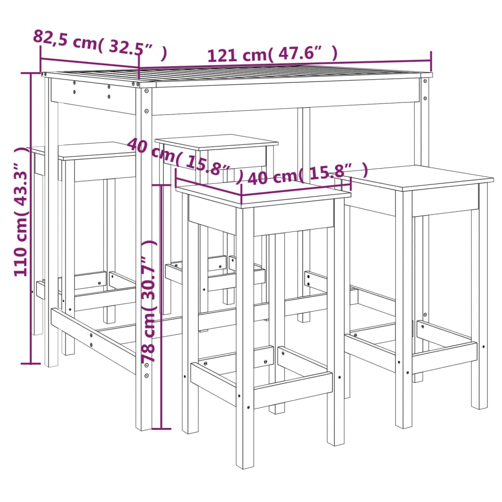 vidaXL Set Bar da Giardino 5 pz Grigio in Legno Massello di Pino