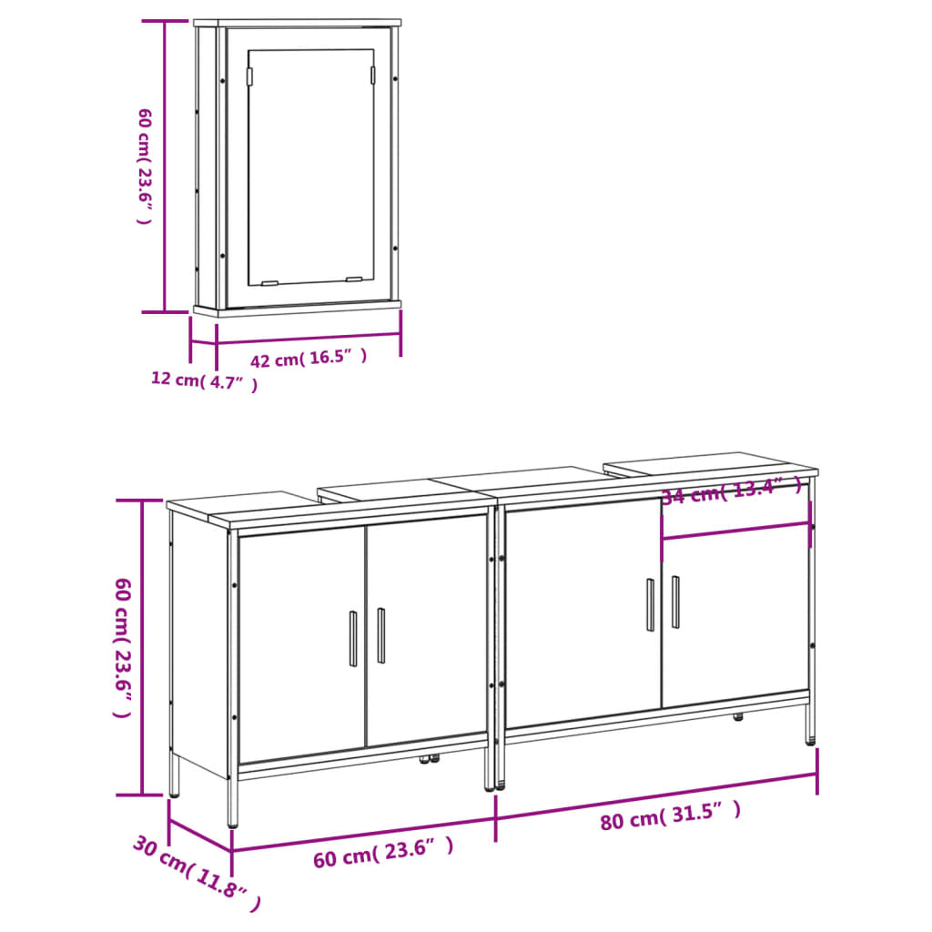 vidaXL Set Mobili da Bagno 3 pz Rovere Fumo in Legno Multistrato