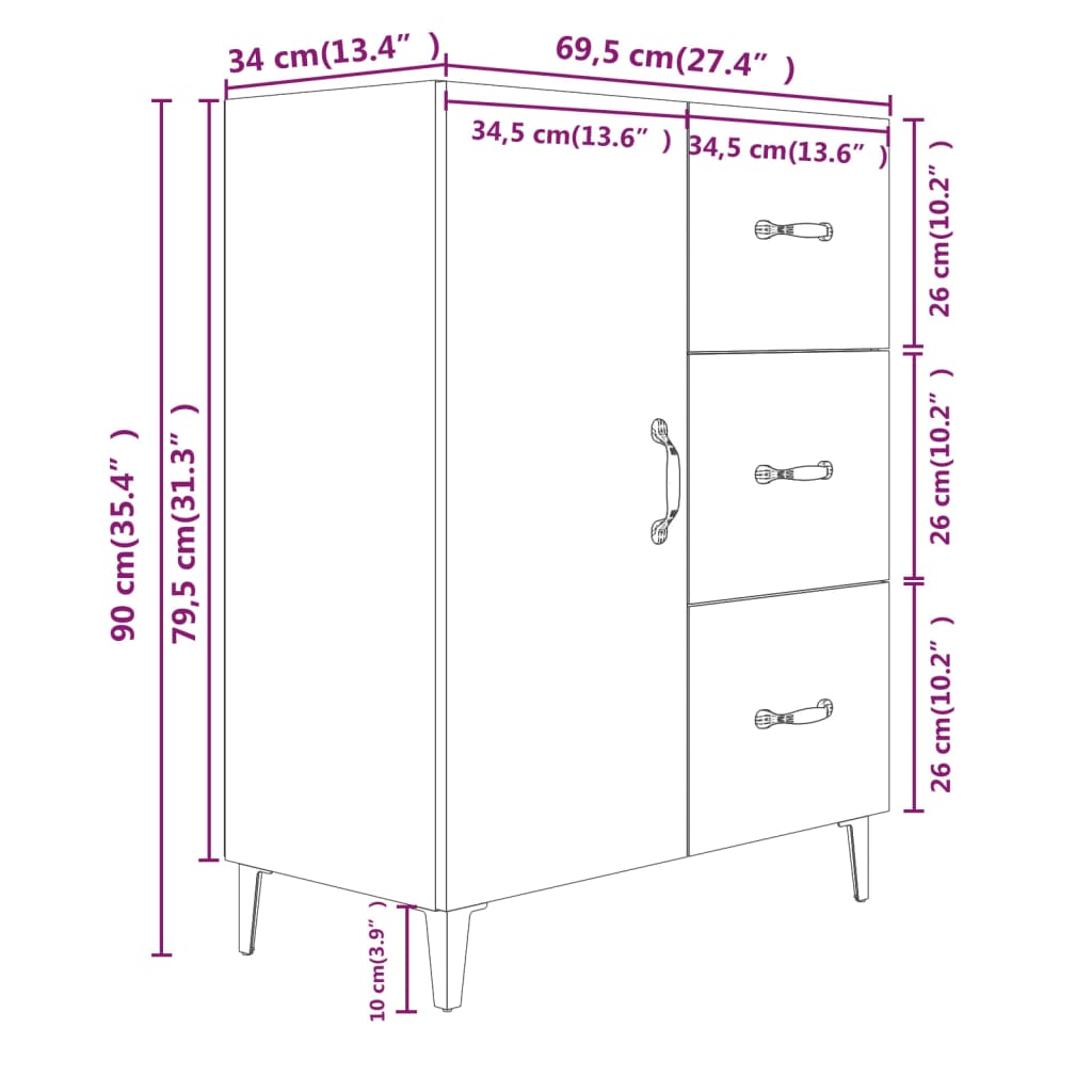 vidaXL Credenza 69,5x34x90 cm in Legno Multistrato Bianco Lucido