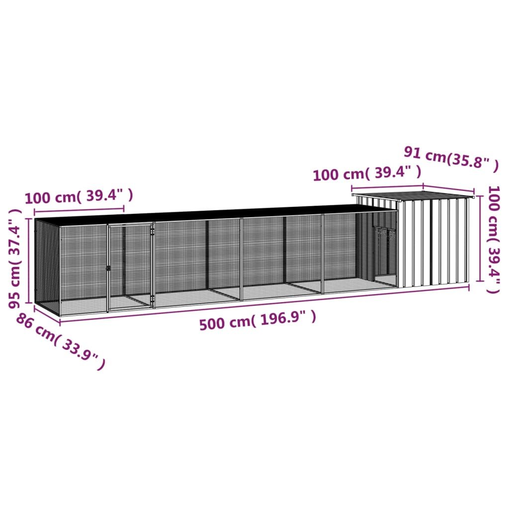 vidaXL Gabbia per Polli Grigia 500x91x100 cm Acciaio Zincato