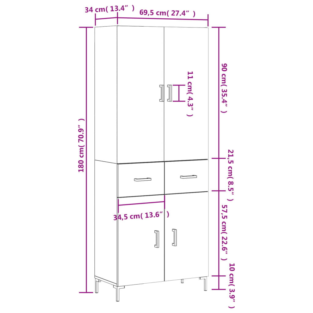 vidaXL Credenza Grigio Cemento 69,5x34x180 cm in Legno Multistrato