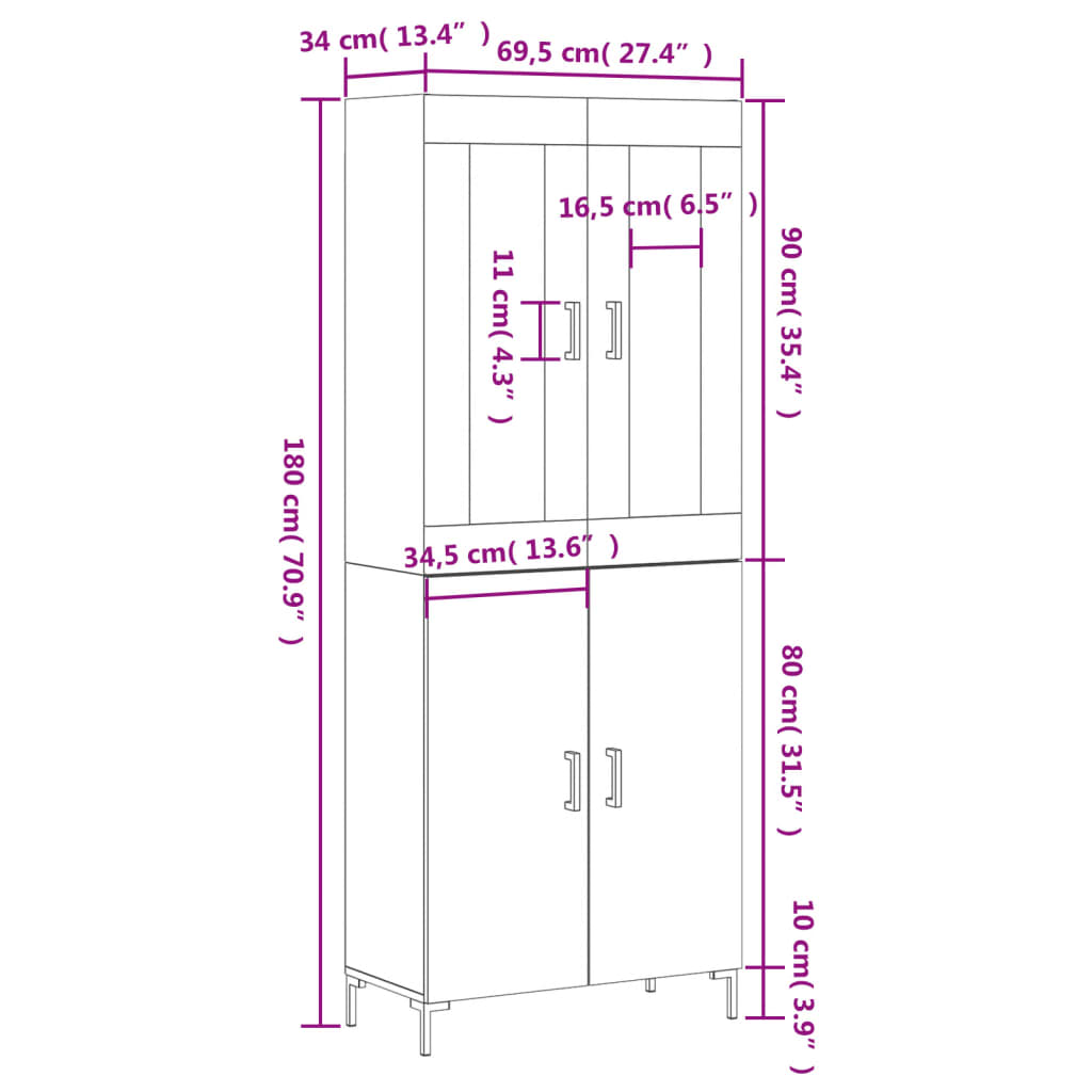 vidaXL Credenza Bianco Lucido 69,5x34x180 cm in Legno Multistrato