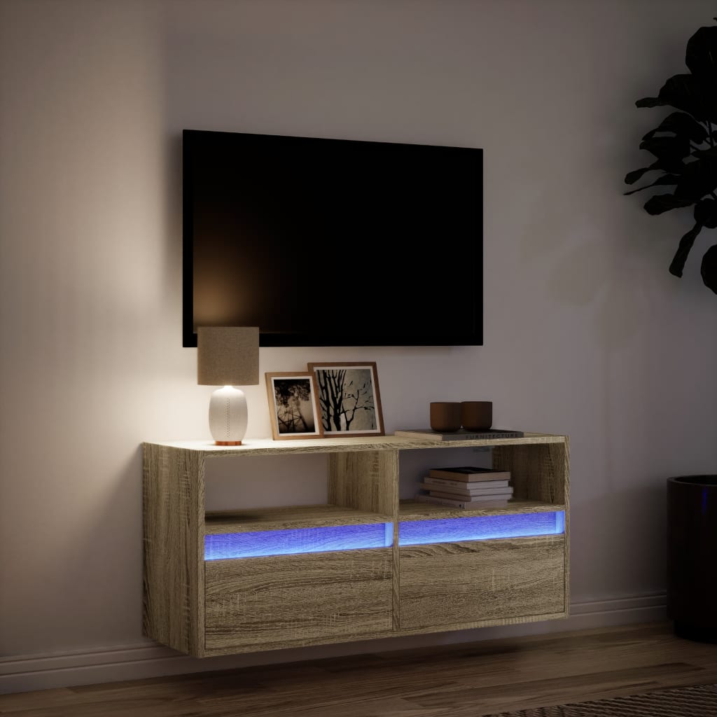 vidaXL Mobile TV a Parete con Luci LED Rovere Sonoma 100x31x45 cm