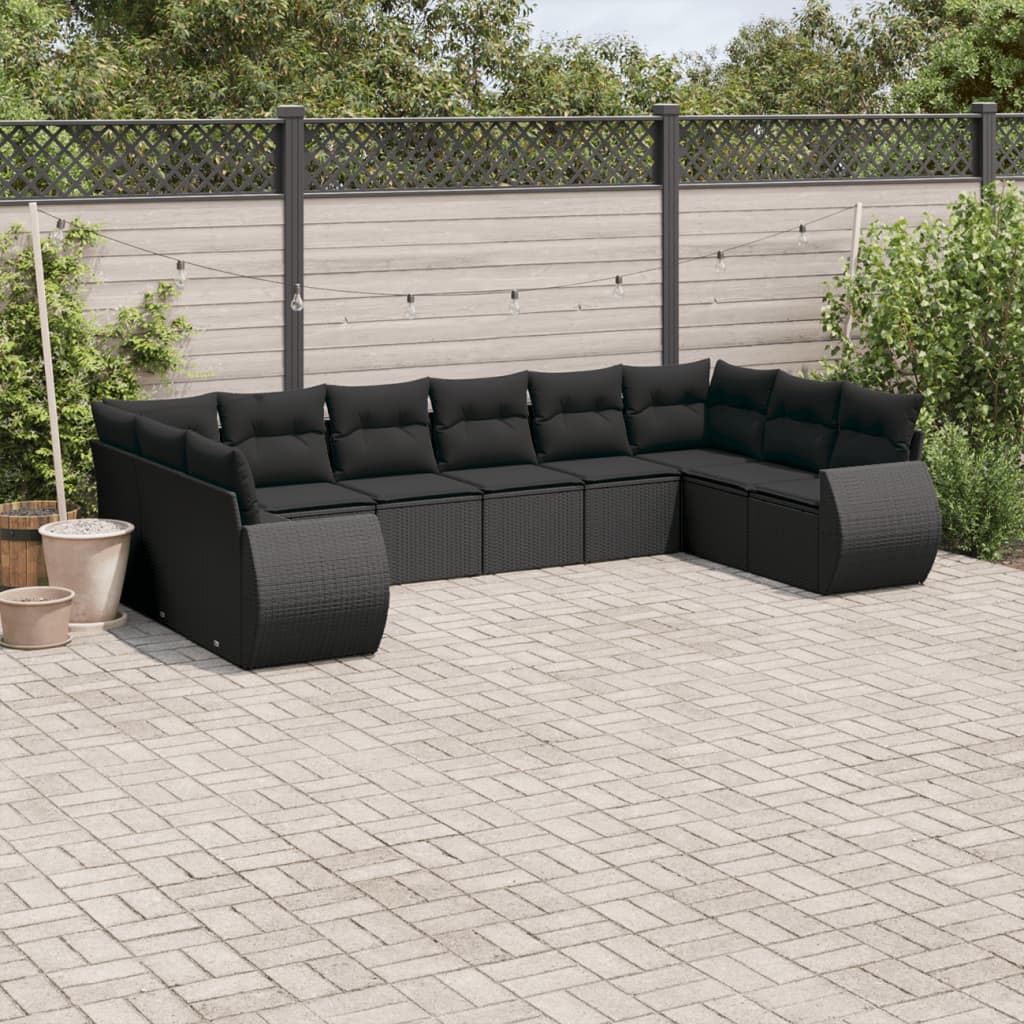 vidaXL Set Divani da Giardino 10pz con Cuscini in Polyrattan Nero