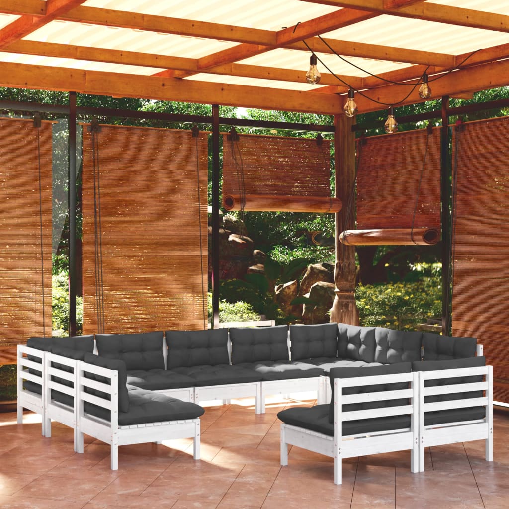 vidaXL Set Divani da Giardino 11 pz con Cuscini Bianchi Legno di Pino