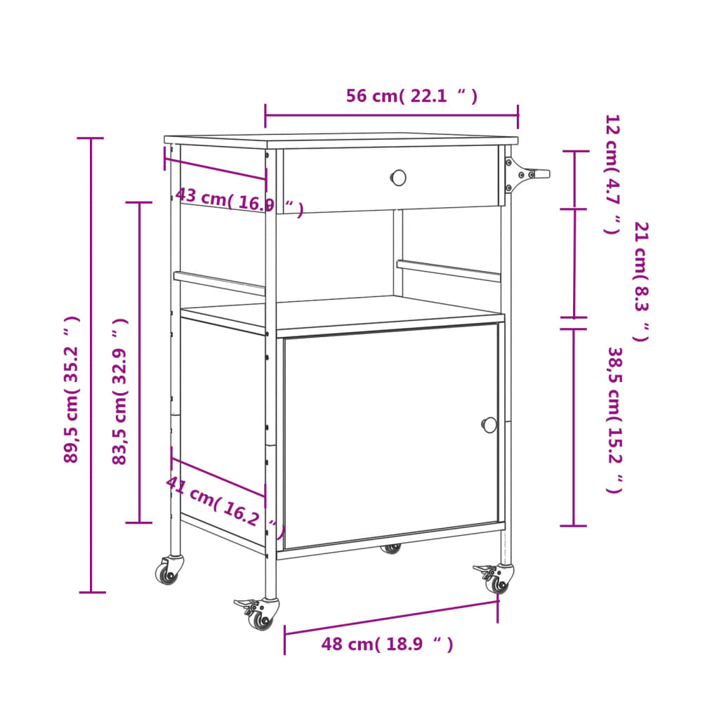 vidaXL Carrello Cucina Rovere Marrone 56x43x89,5 cm Legno Multistrato