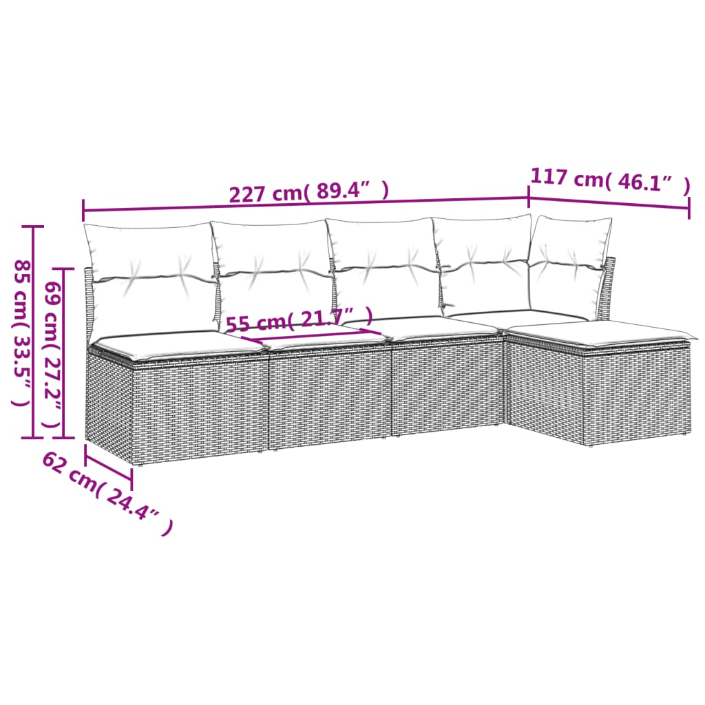 vidaXL Set Divani da Giardino 5 pz con Cuscini in Polyrattan Nero