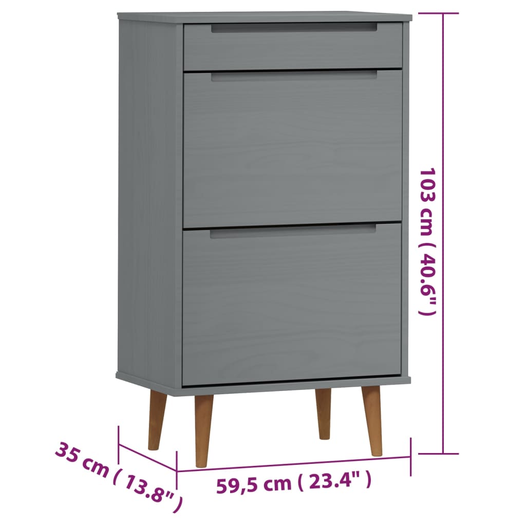 vidaXL Scarpiera MOLDE Grigia 59,5x35x103 cm in Legno Massello di Pino