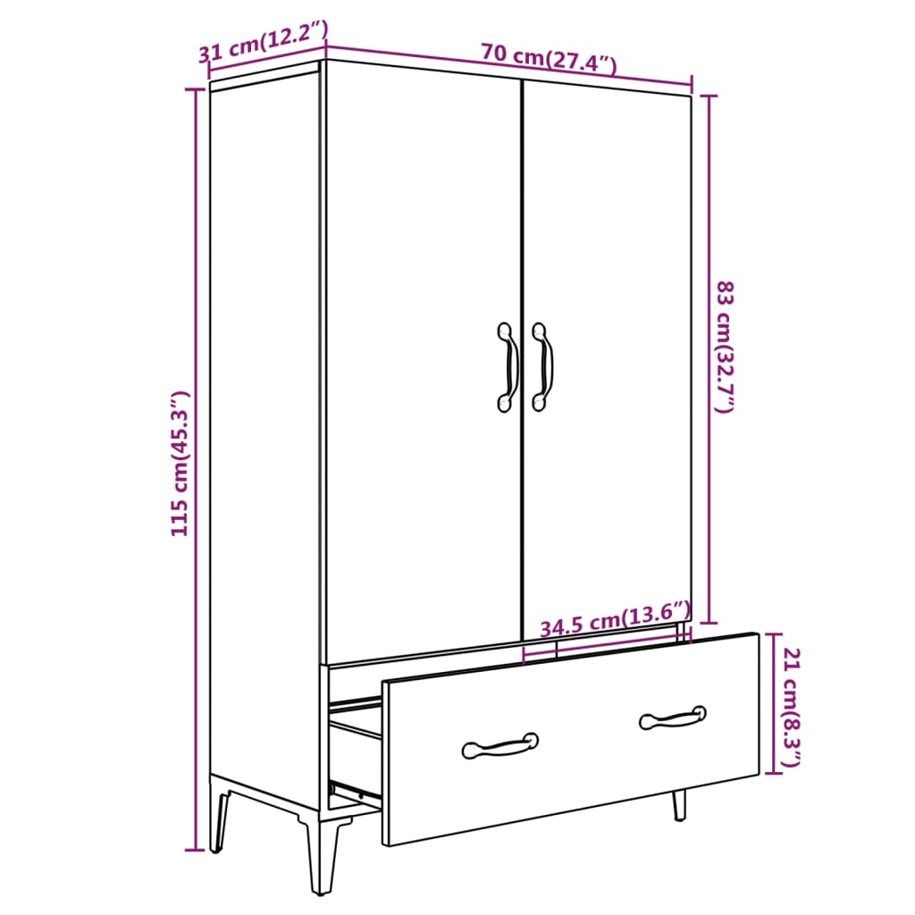 vidaXL Credenza Grigio Cemento 70x31x115 cm in Legno Multistrato