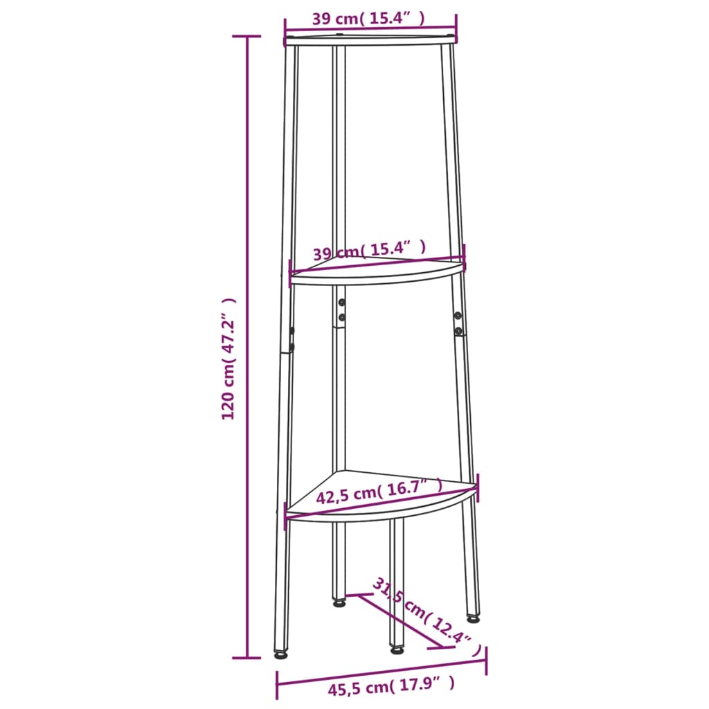 vidaXL Scaffale Angolare 3 Livelli Marrone Scuro Nero 45,5x31,5x120cm