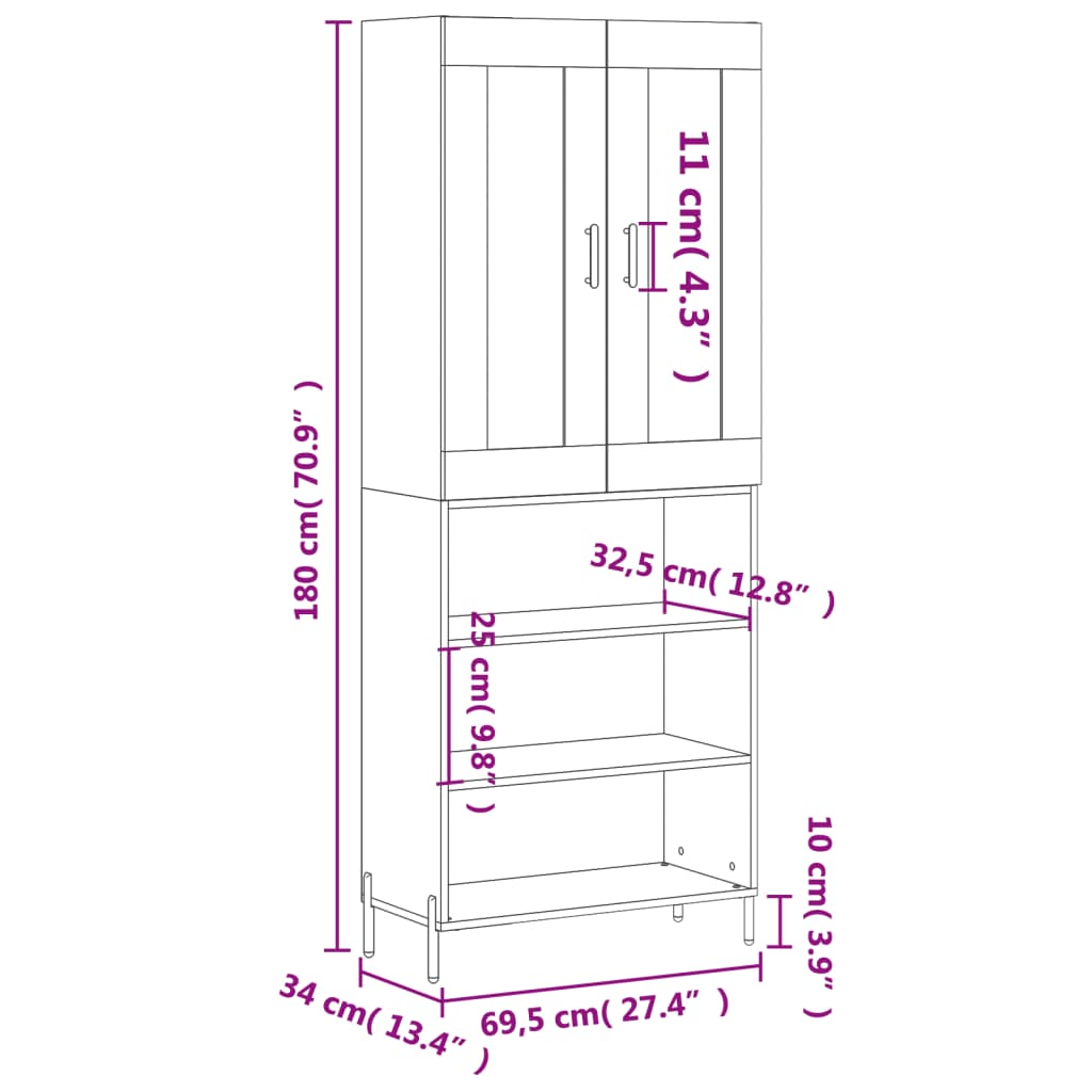 vidaXL Credenza Grigio Cemento 69,5x34x180 cm in Legno Multistrato