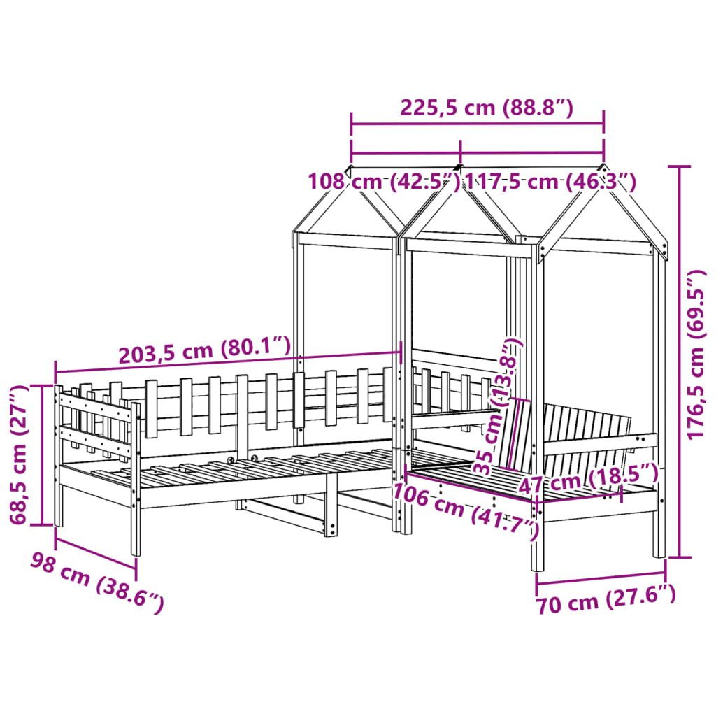 vidaXL Set Dormeuse e Panca con Tetto 90x200cm Legno Massello di Pino