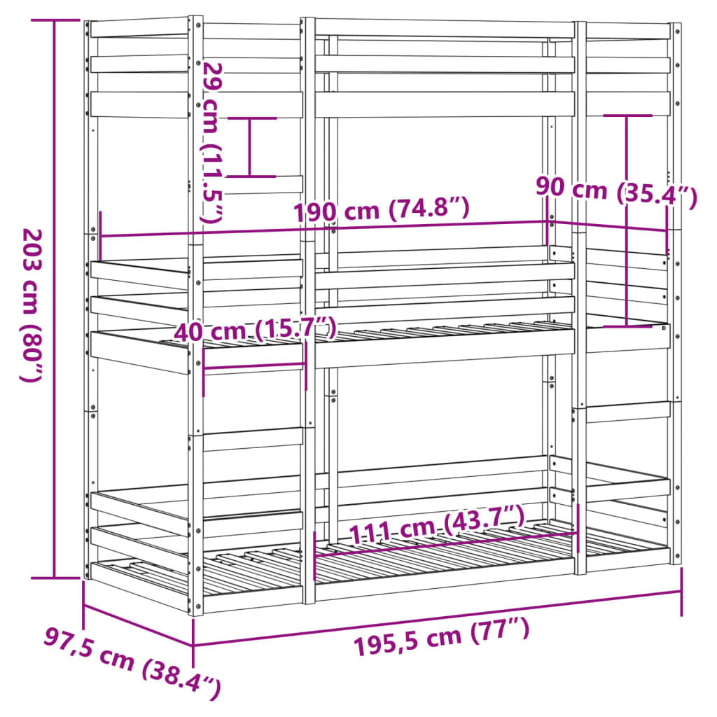 vidaXL Letto a Castello Triplo 90x190 cm in Legno Massello di Pino