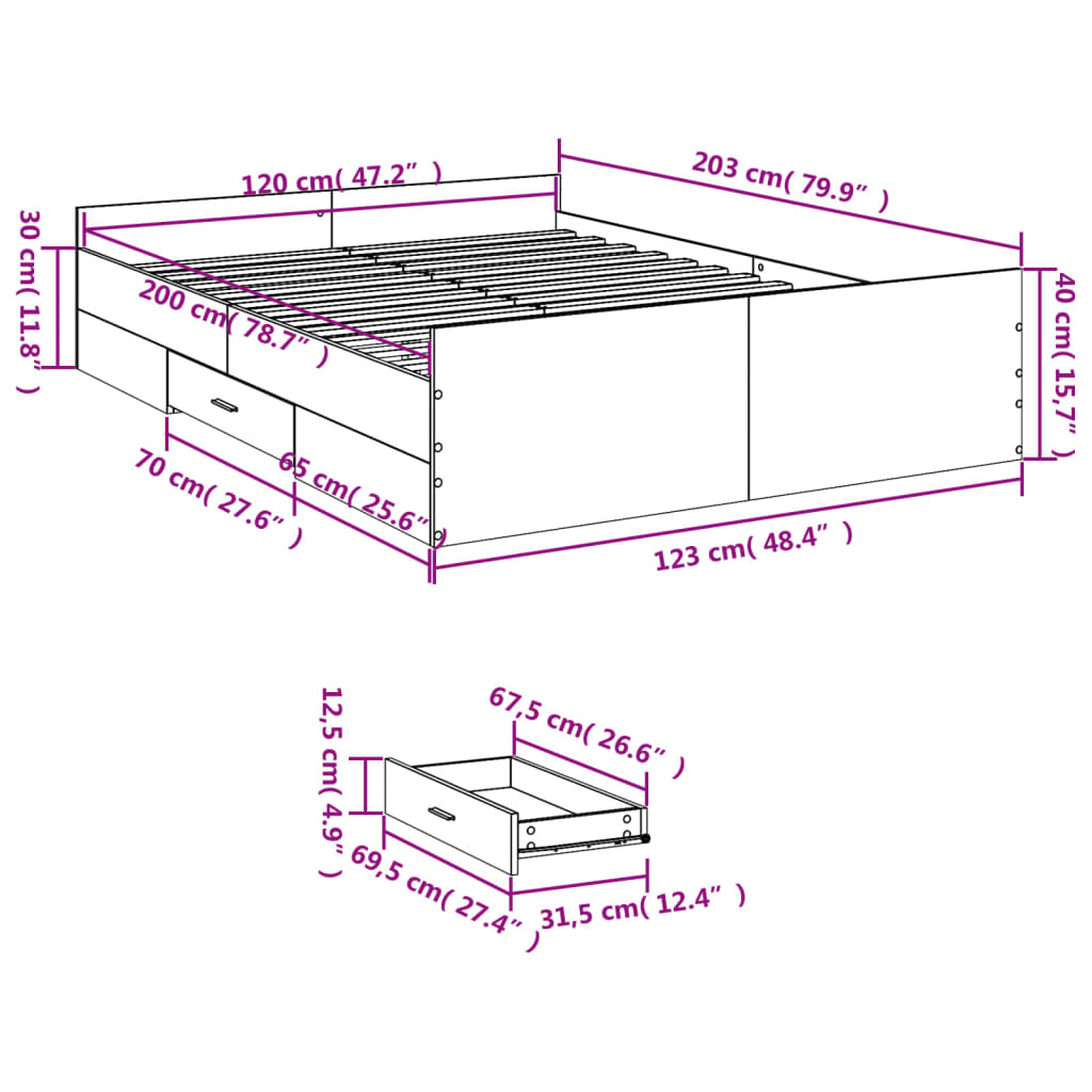 vidaXL Giroletto Cassetti Grigio Sonoma 120x200 cm Legno Multistrato