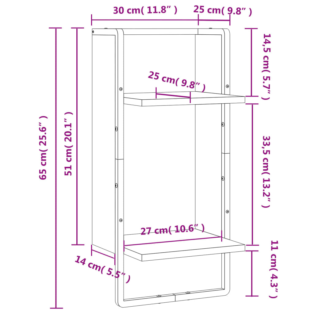 vidaXL Mensola a Parete con Asta Grigio Sonoma 30x25x65 cm