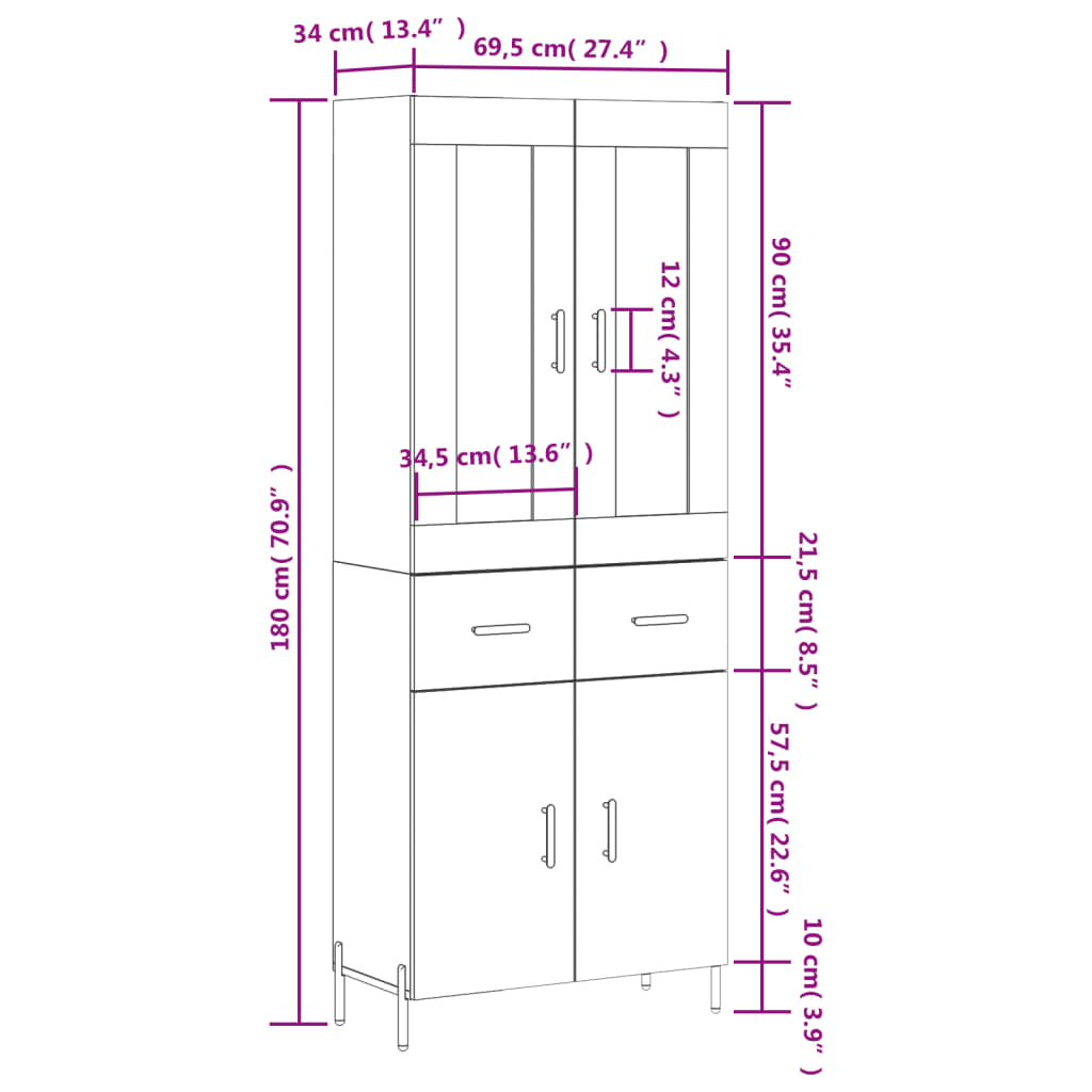 vidaXL Credenza Grigio Sonoma 69,5x34x180 cm in Legno Multistrato