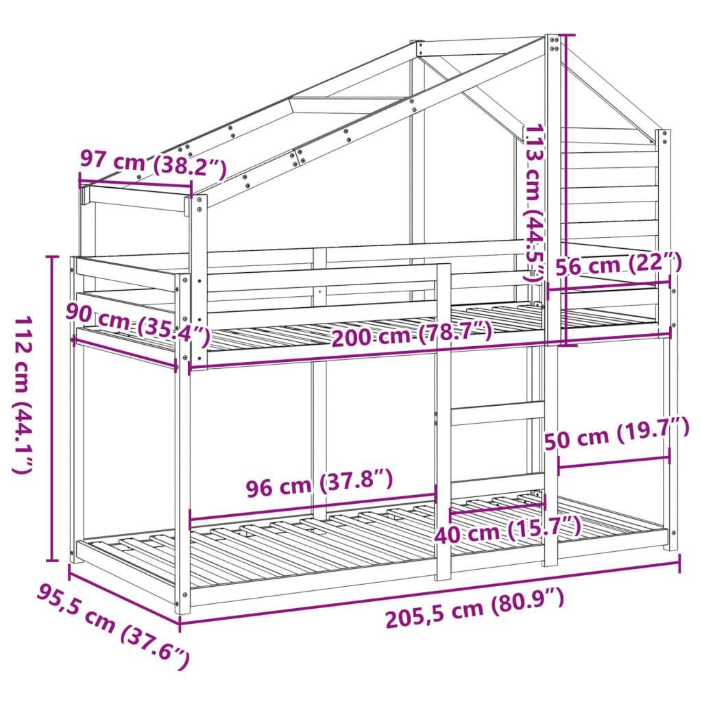 vidaXL Letto a Castello con Tetto Cera 90x200 cm Legno Massello Pino