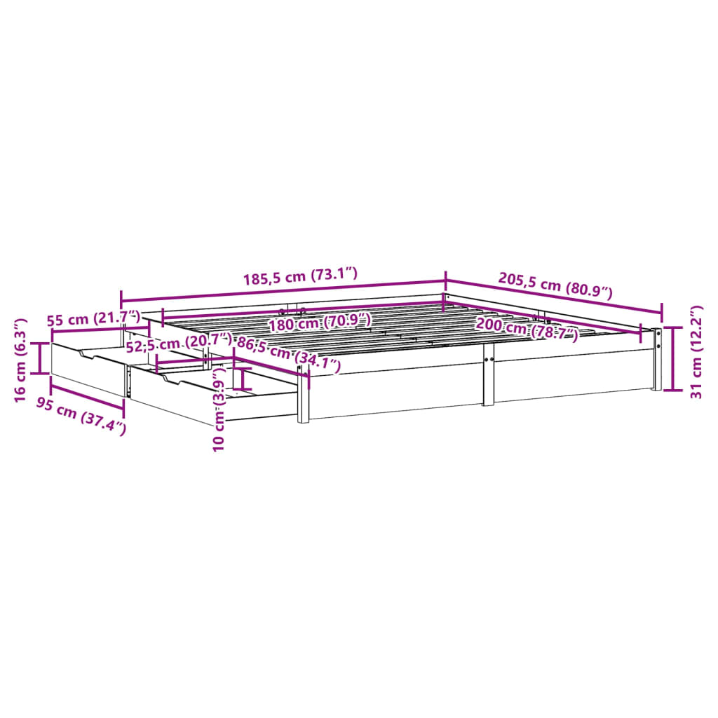 vidaXL Letto senza Materasso Bianco 180x200 cm Legno Massello di Pino