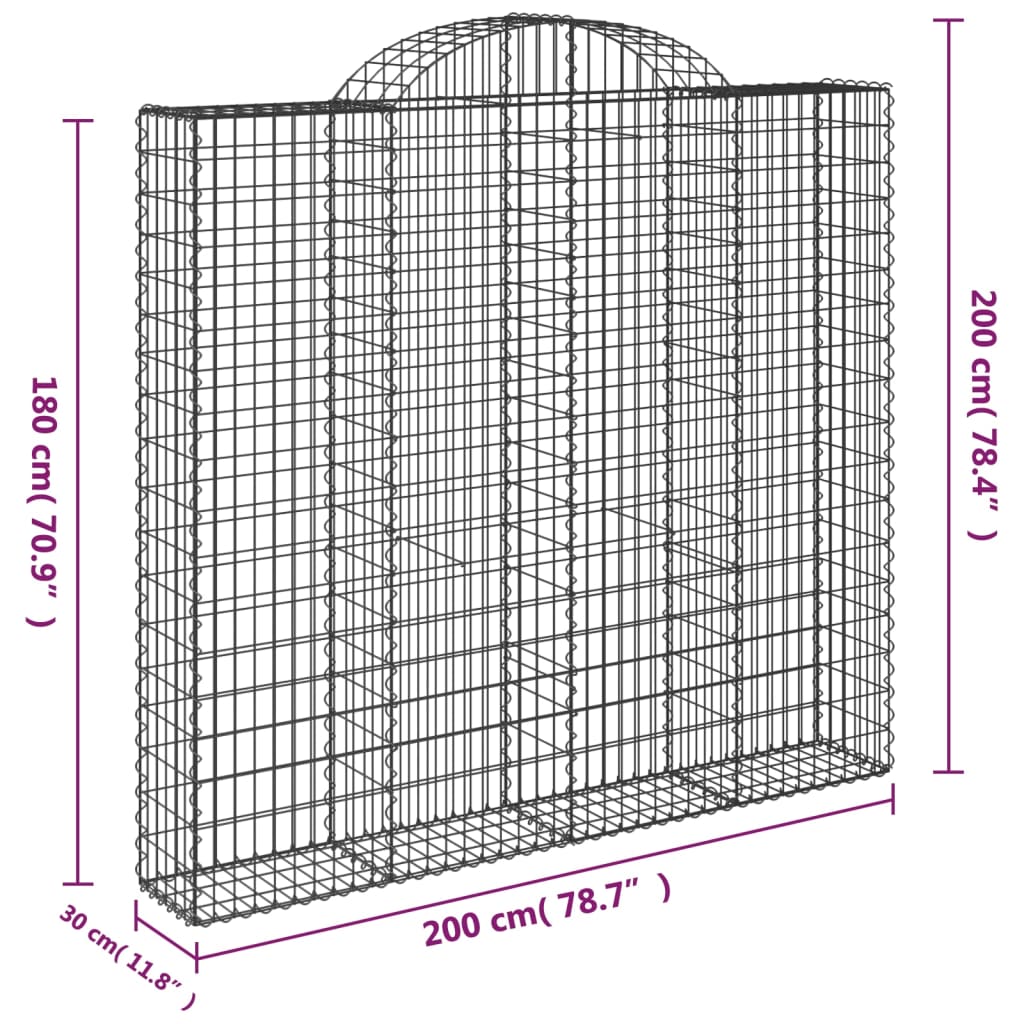 vidaXL Cesti Gabbioni ad Arco 7 pz 200x30x180/200 cm Ferro Zincato