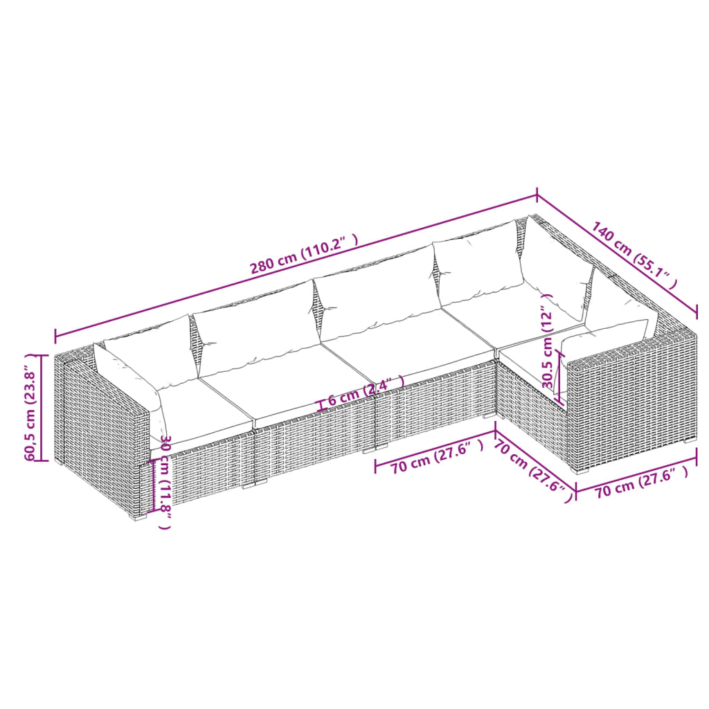 vidaXL Set Divani da Giardino 5 pz con Cuscini in Polyrattan Grigio