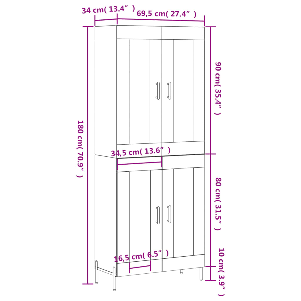 vidaXL Credenza Grigio Cemento 69,5x34x180 cm in Legno Multistrato