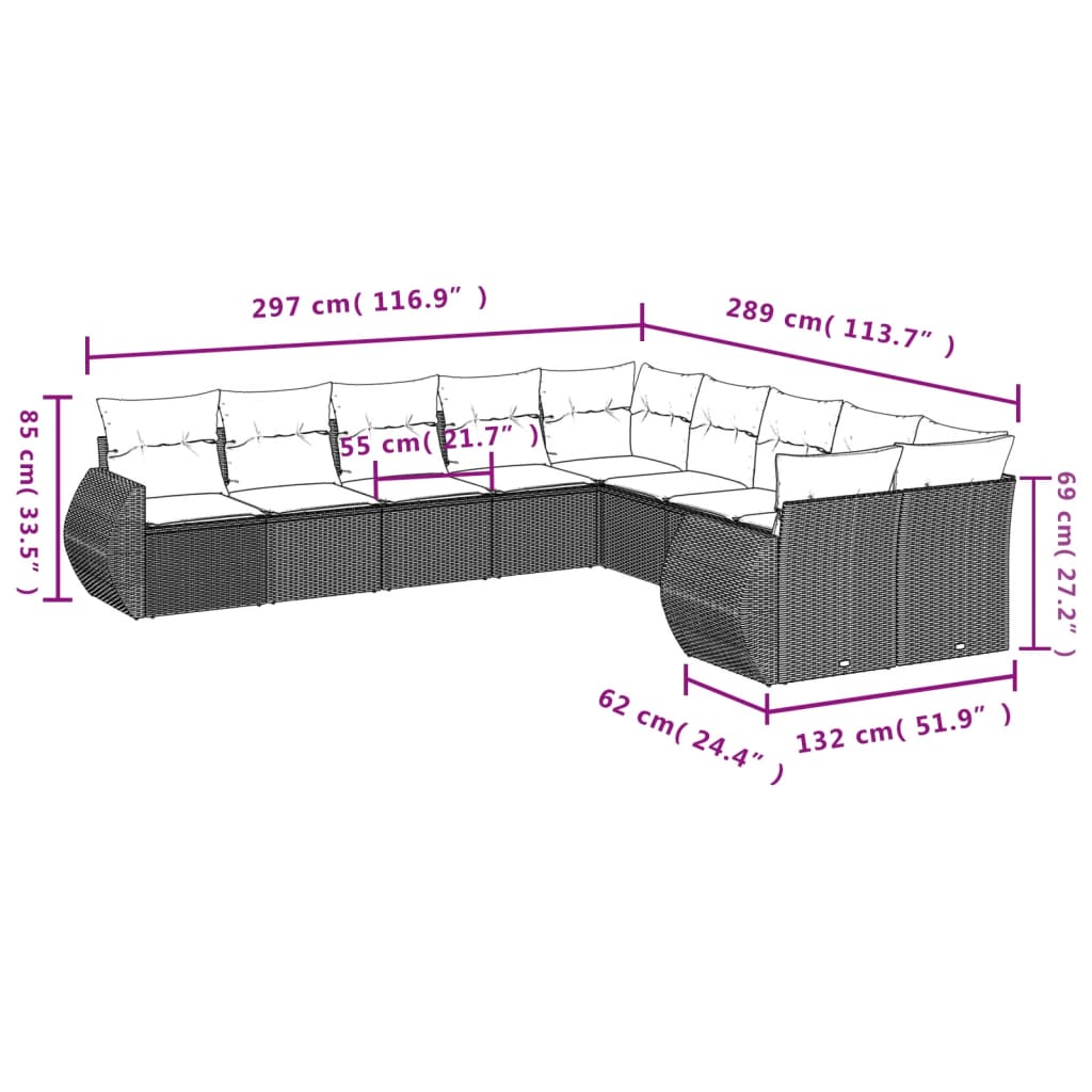 vidaXL Set Divano da Giardino 10 pz con Cuscini Grigio in Polyrattan