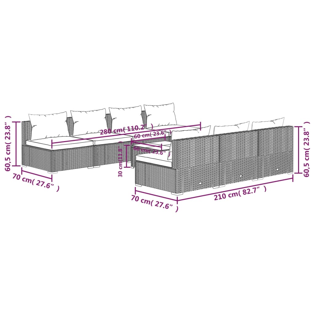 vidaXL Set Divani da Giardino 8 pz con Cuscini in Polyrattan Grigio