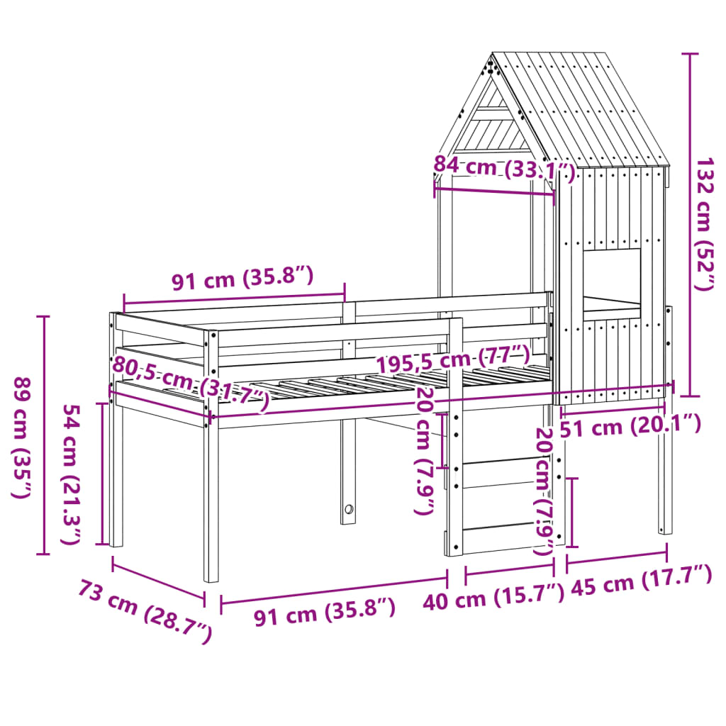 vidaXL Letto a Soppalco con Tetto 75x190 cm in Legno Massello di Pino