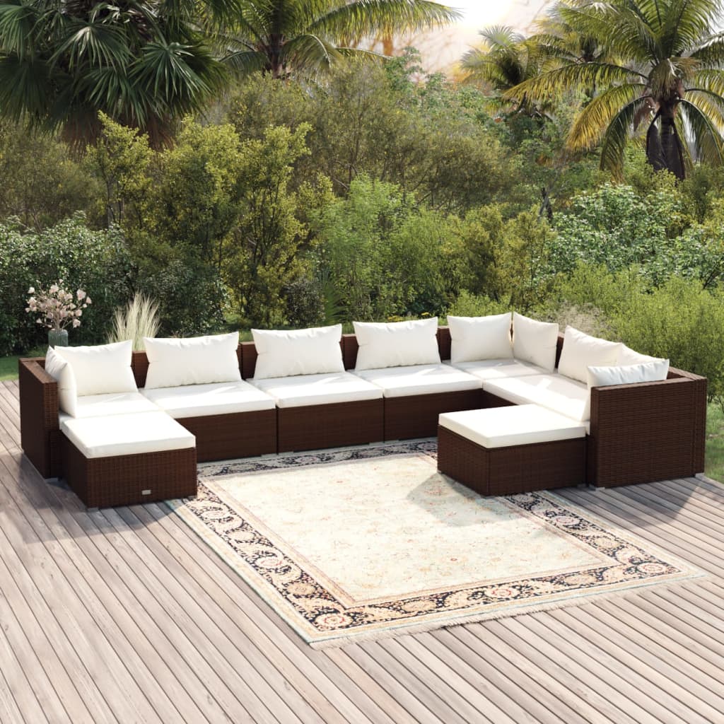 vidaXL Set Divani da Giardino 9 pz con Cuscini in Polyrattan Marrone