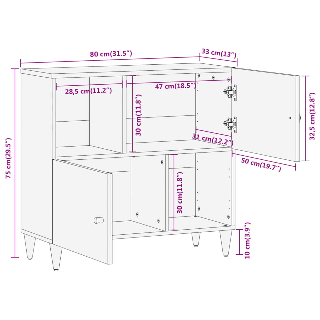 vidaXL Credenza 80x33x75 cm in Legno Massello di Mango