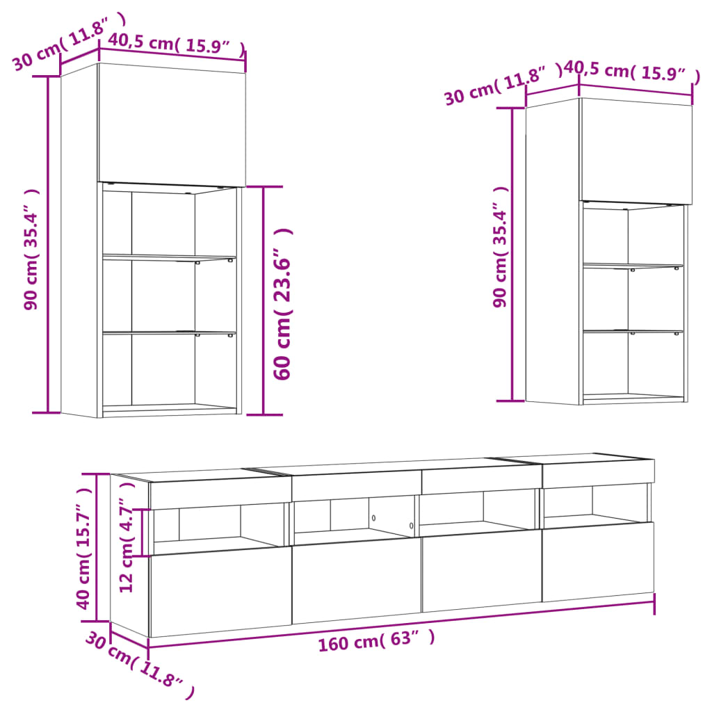 vidaXL Mobili TV a Muro con LED 5pz Rovere Marrone Legno Multistrato