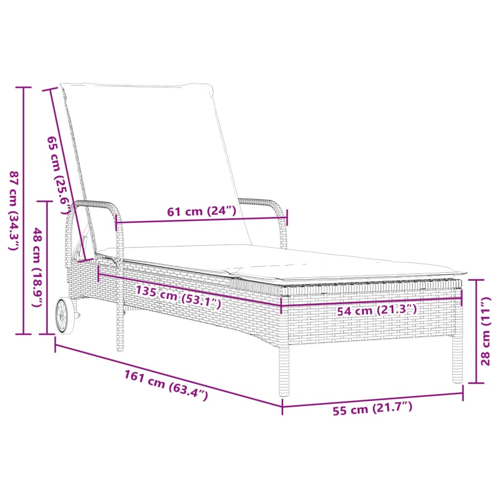 vidaXL Lettino Prendisole con Ruote e Cuscino in Polyrattan Beige