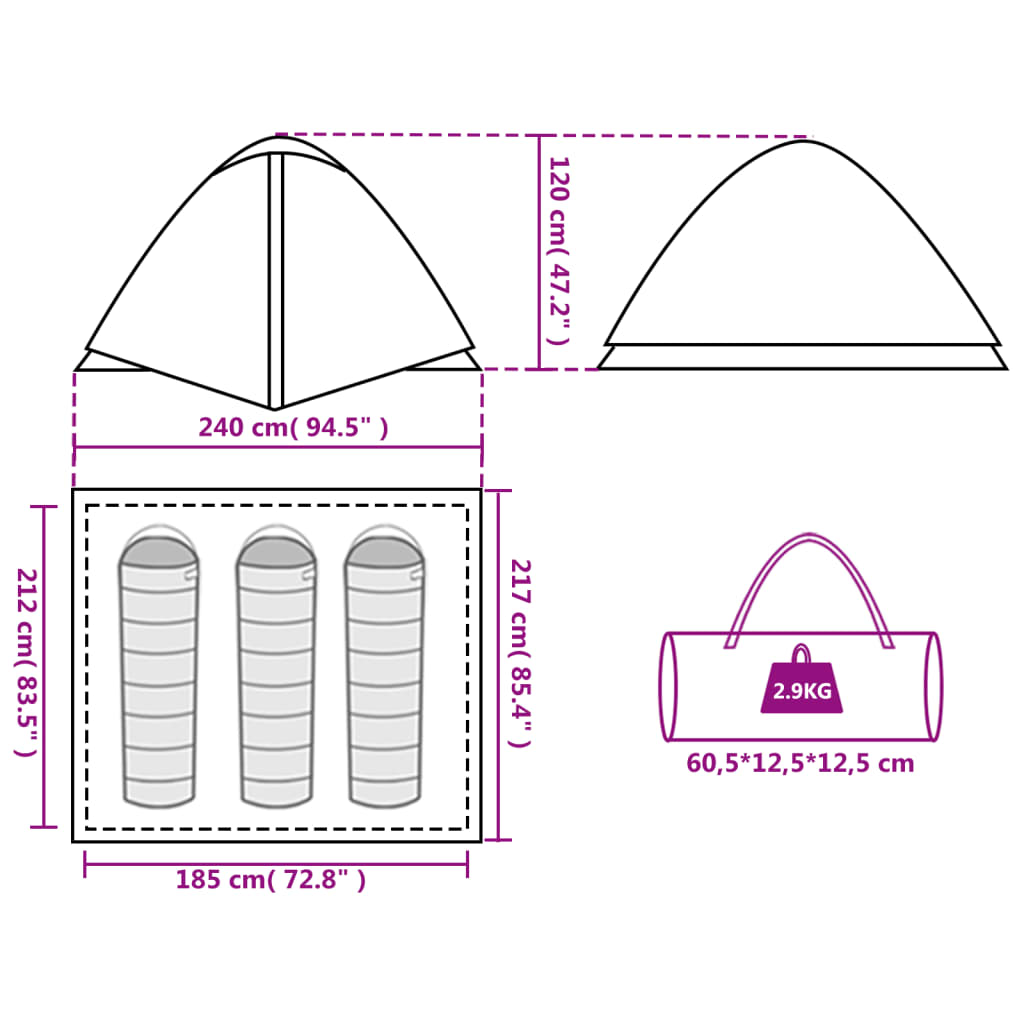 vidaXL Tenda da Campeggio a Cupola per 3 Persone Verde Impermeabile