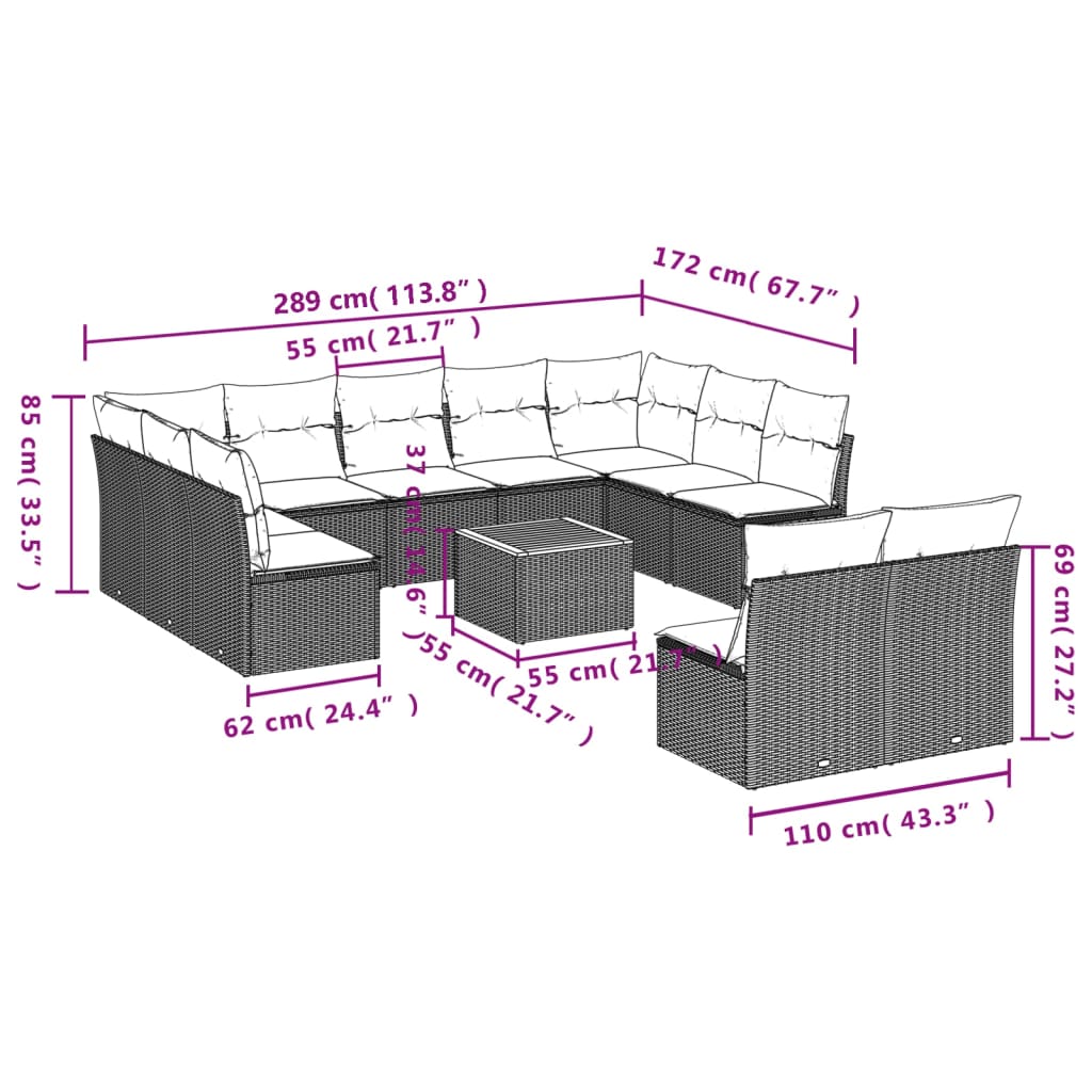 vidaXL Set Divani da Giardino 12 pz con Cuscini Grigio in Polyrattan