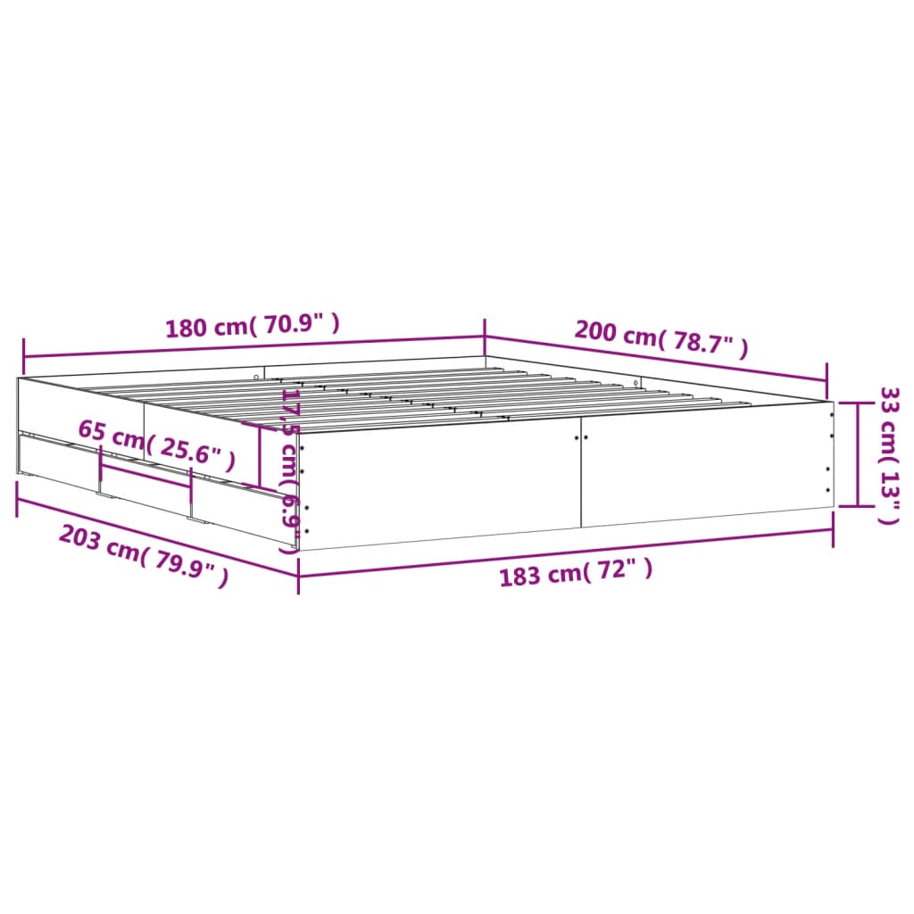 vidaXL Giroletto Cassetti Rovere Sonoma 180x200 cm Legno Multistrato