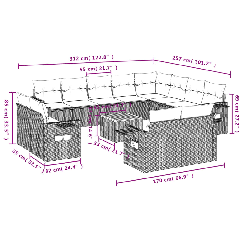 vidaXL Set Divano da Giardino 13 pz con Cuscini Beige in Polyrattan