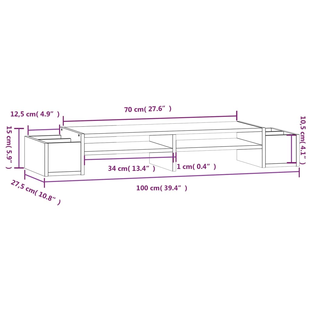 vidaXL Supporto per Monitor Grigio100x27,5x15cm Legno Massello di Pino