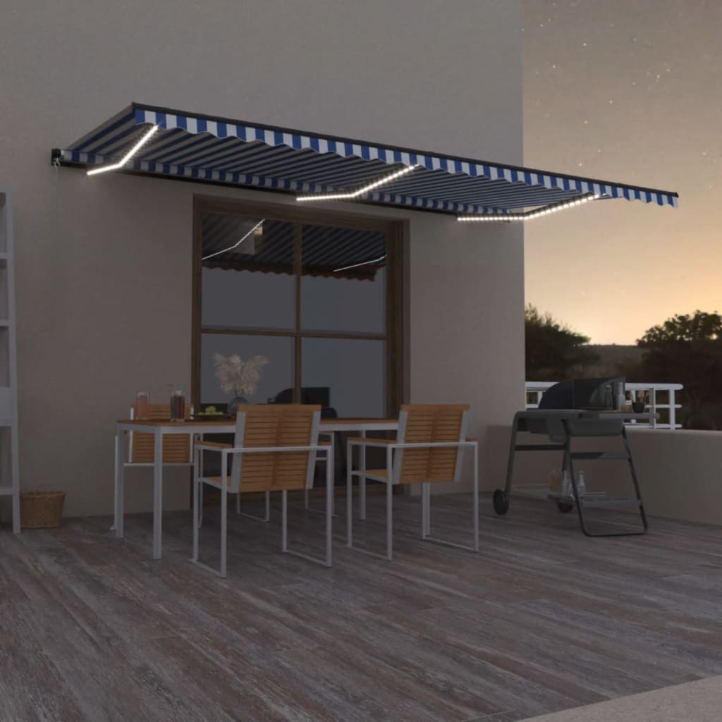 vidaXL Tenda da Sole Retrattile Manuale con LED 600x300cm Blu e Bianco