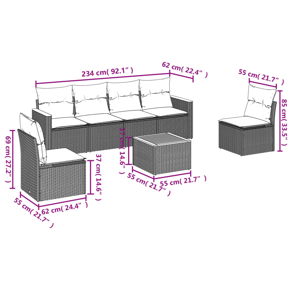 vidaXL Set Divano da Giardino 7 pz con Cuscini Beige Misto Polyrattan