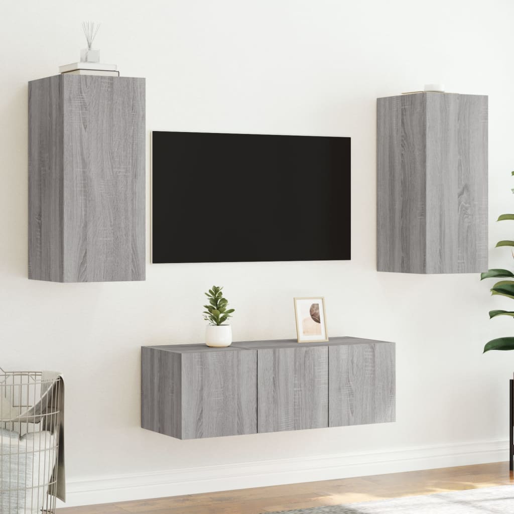 vidaXL Mobili TV a Muro con LED 4pz Grigio Sonoma in Legno Multistrato