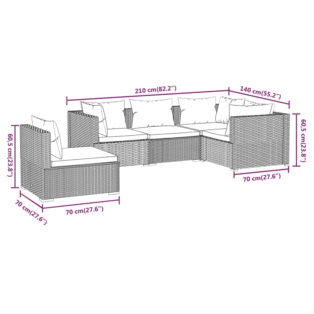 vidaXL Set Divani da Giardino con Cuscini 5 pz in Polyrattan Marrone