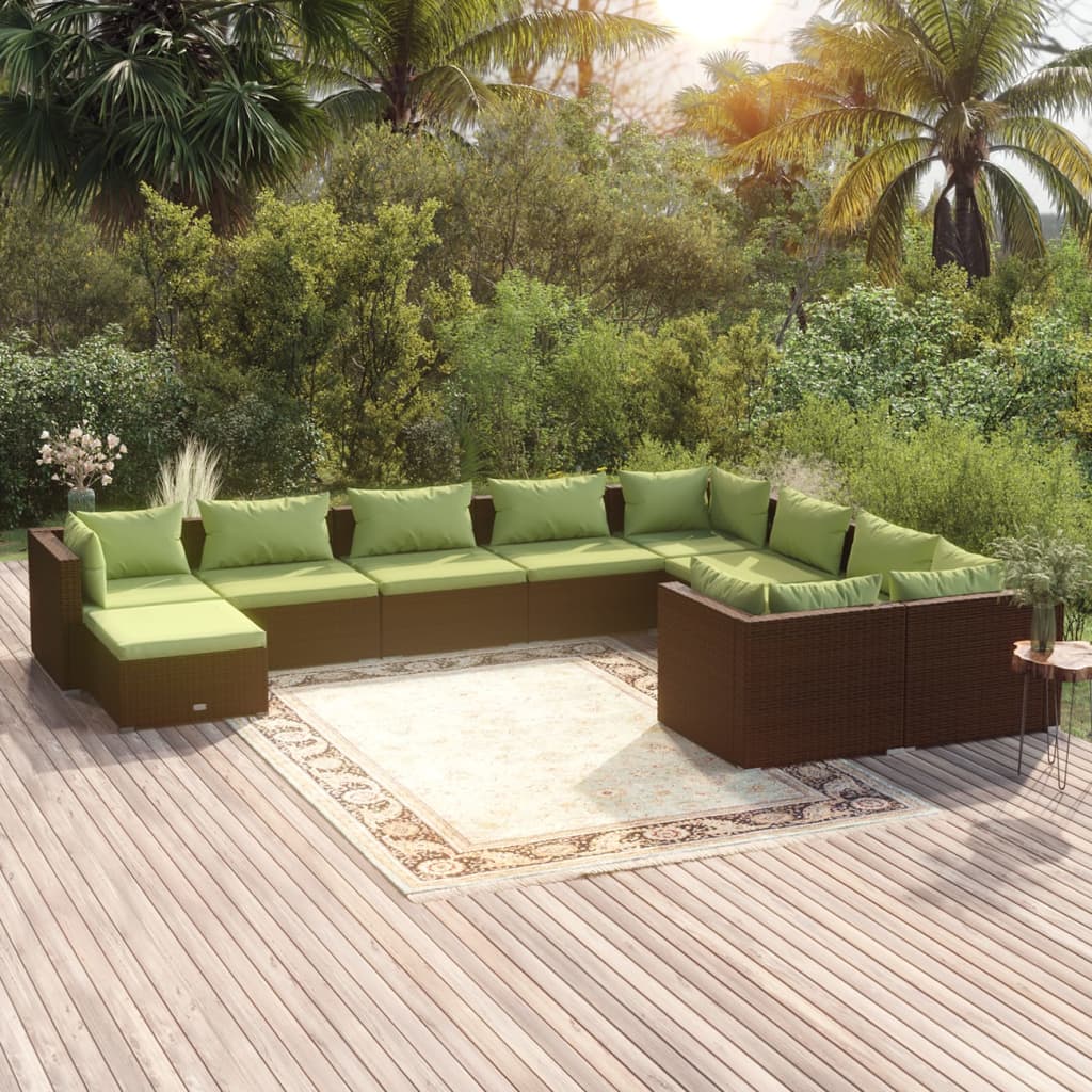 vidaXL Set Divani da Giardino 10 pz con Cuscini in Polyrattan Marrone