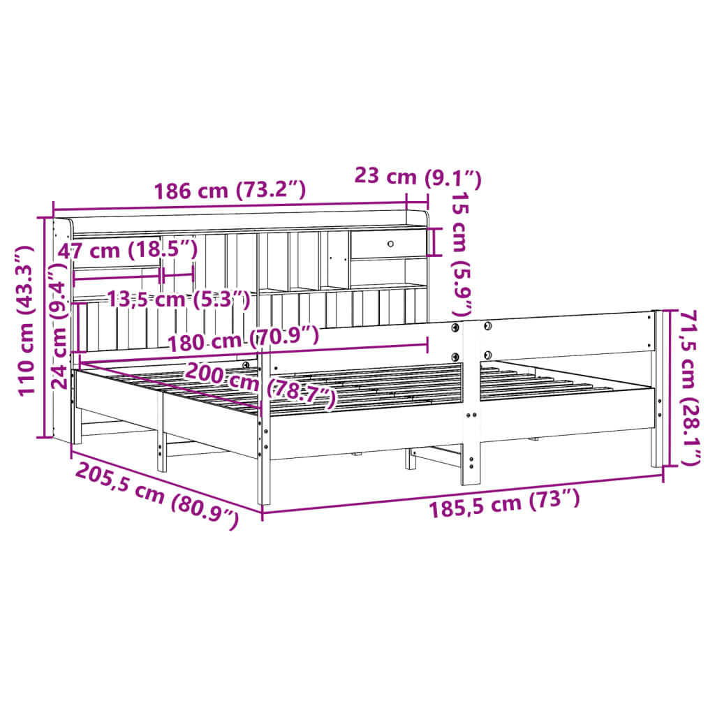 vidaXL Giroletto con Libreria senza Materasso 180x200 cm in Legno Pino