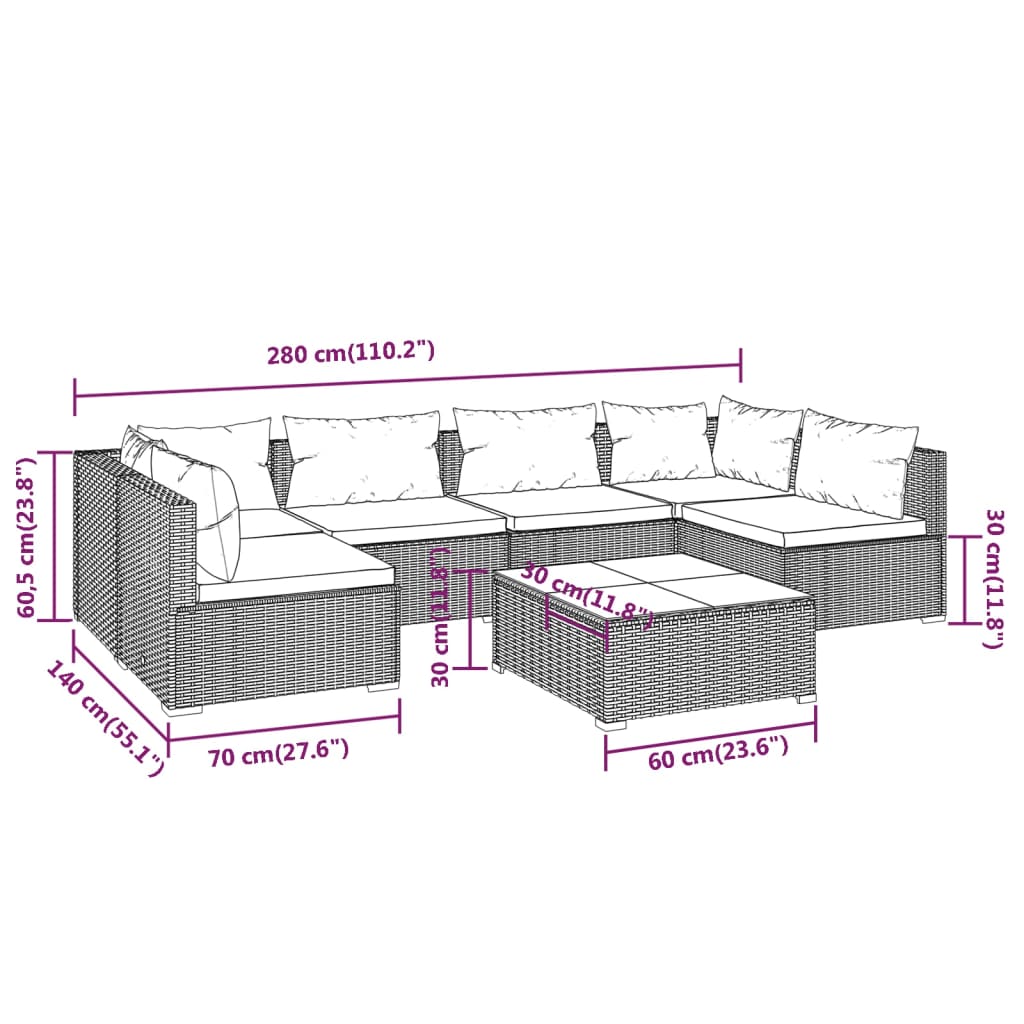 vidaXL Set Divani da Giardino 7 pz con Cuscini in Polyrattan Grigio