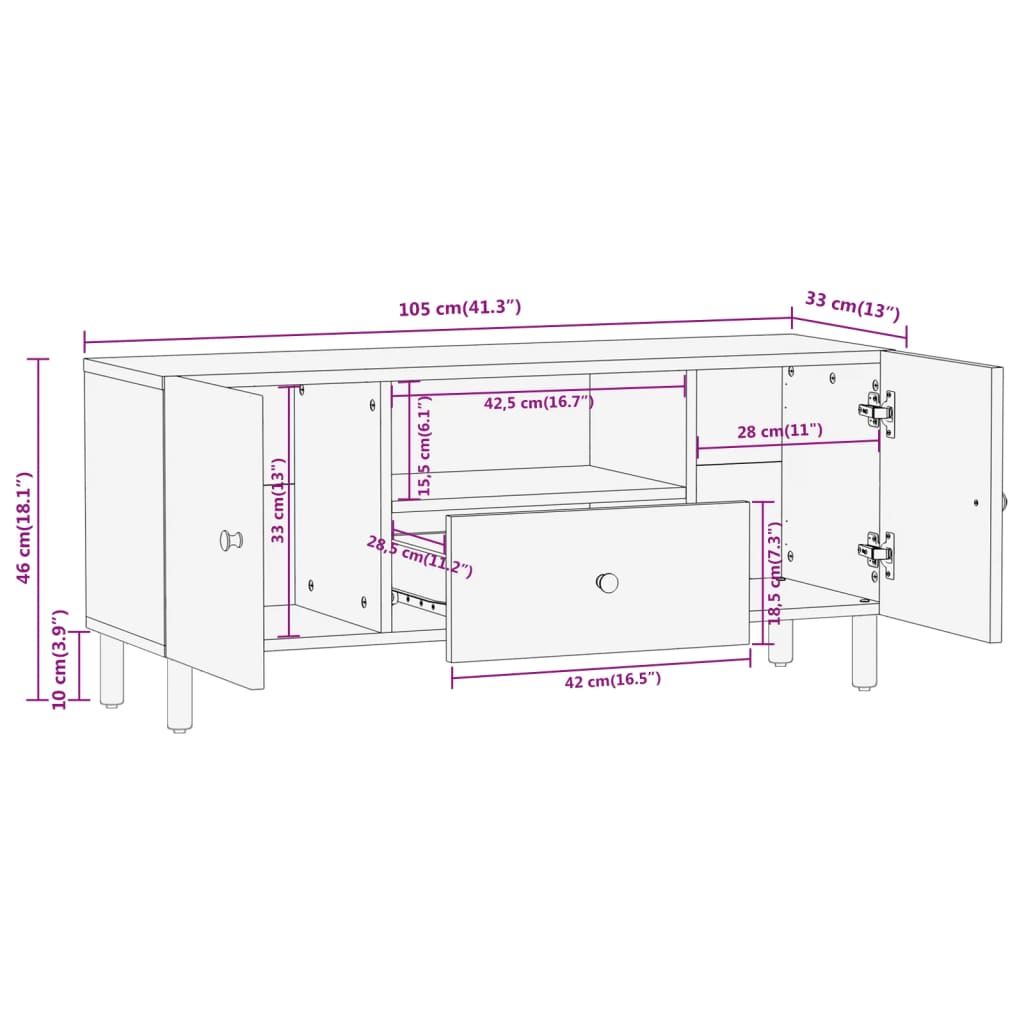 vidaXL Mobile Porta TV 105x33x46cm in Legno Massello di Mango