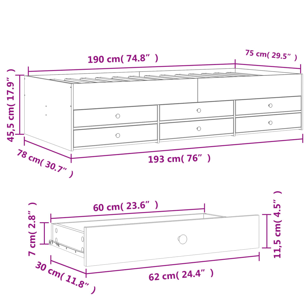 vidaXL Divano Letto con Cassetti senza Materasso Rovere Fumo 75x190 cm