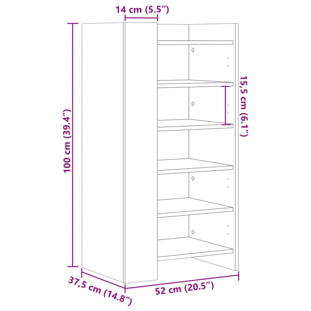 vidaXL Scarpiera Rovere Fumo 52x37,5x100 cm in Legno Multistrato