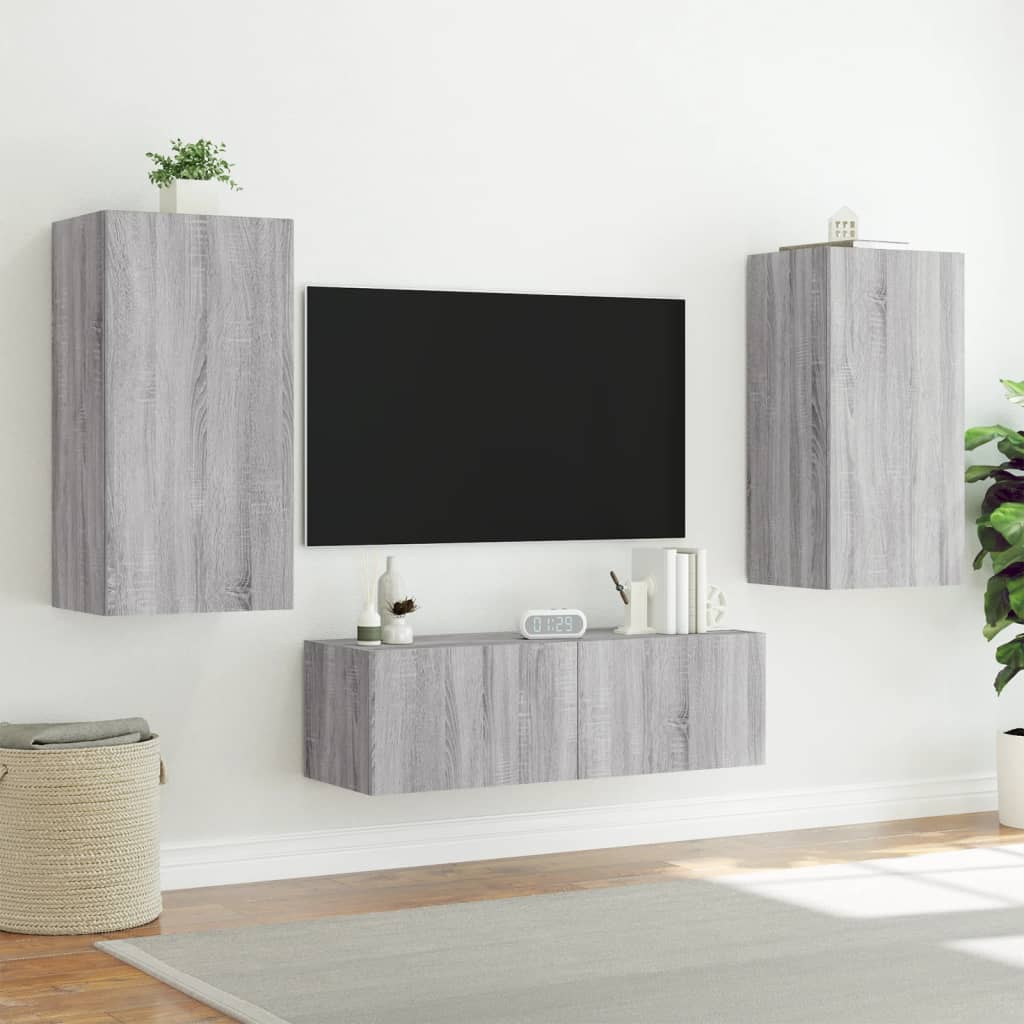 vidaXL Mobili TV a Muro 3pz con Luci LED Grigio Sonoma